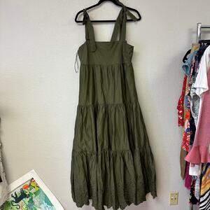 Jason Wu Smock Tiered Embroidered Midi Dress Olive Green Size Large